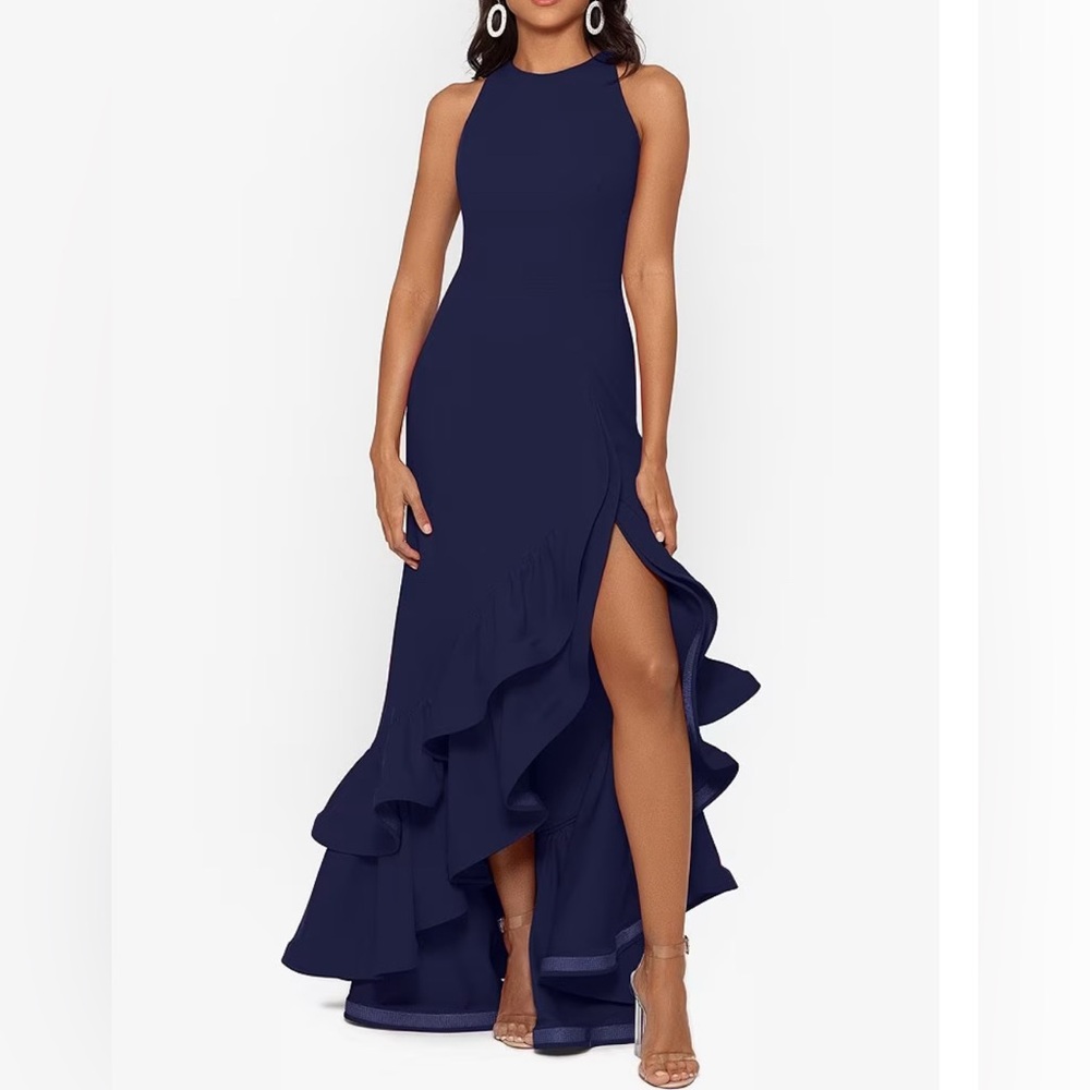 Betsy & Adam Ruffle Halter Crepe Dress